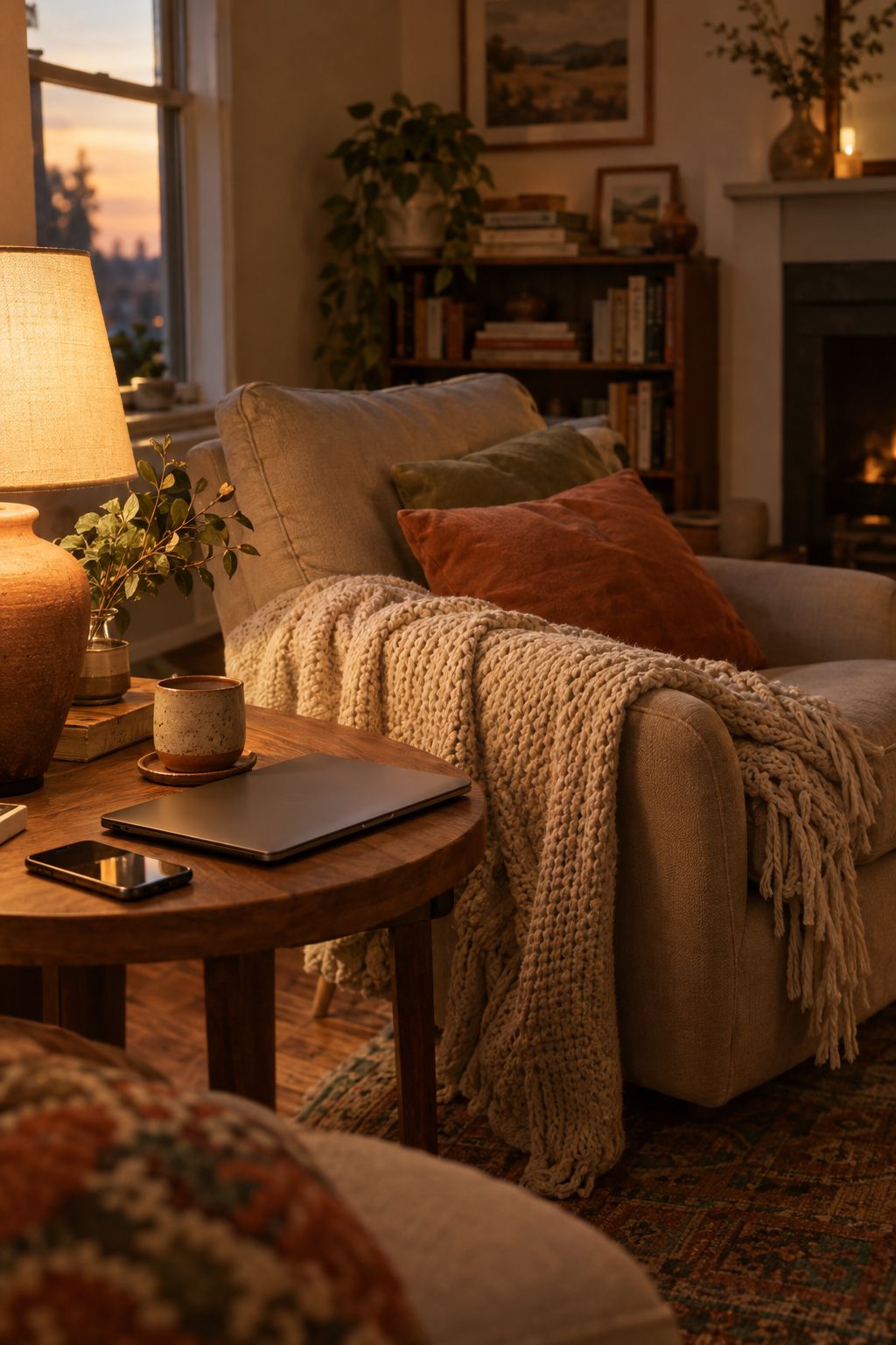 A quiet living room at dusk lit by a warm lamp, with an armchair and a knit blanket.