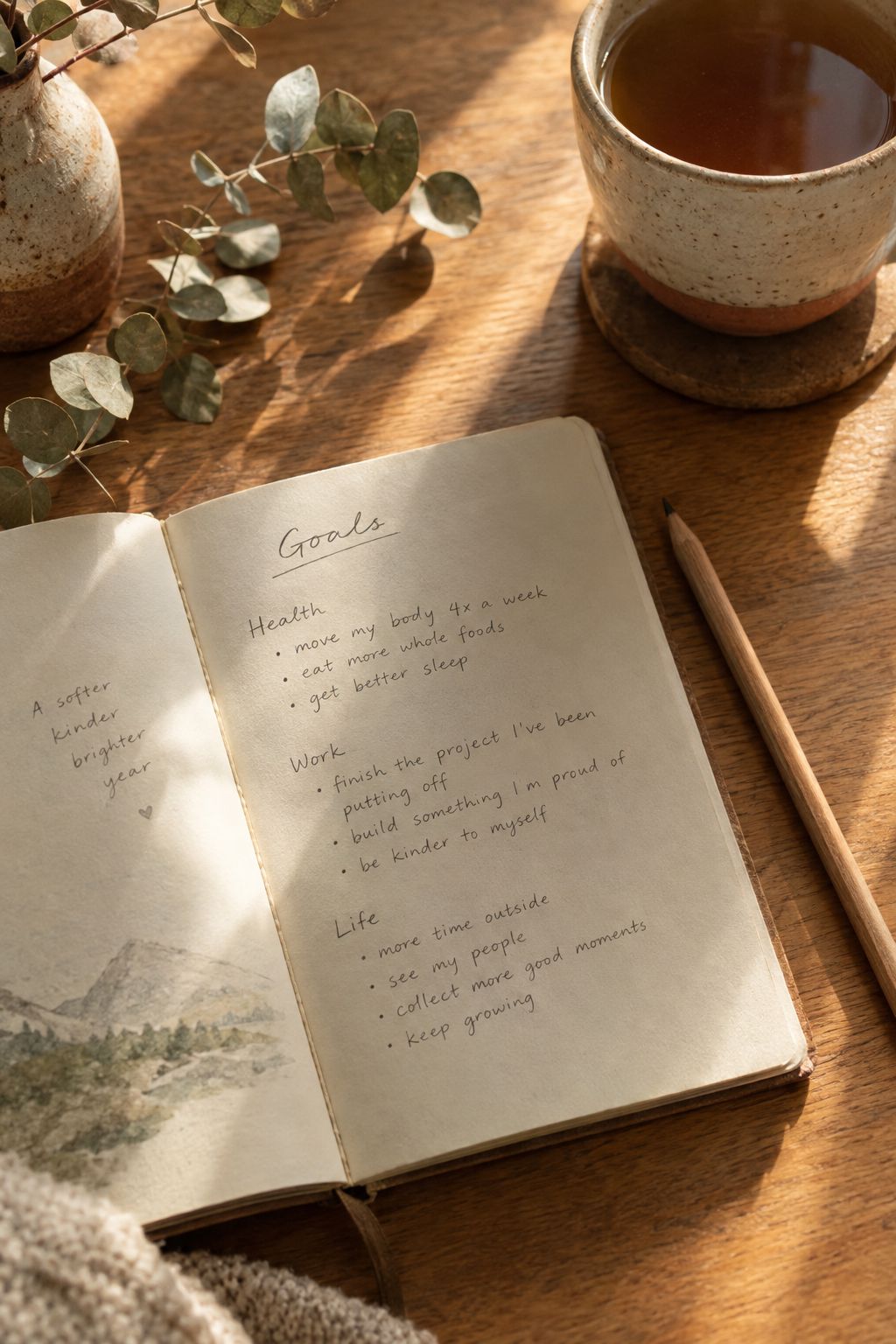 An open journal with handwritten goals beside a cup of tea in morning light.