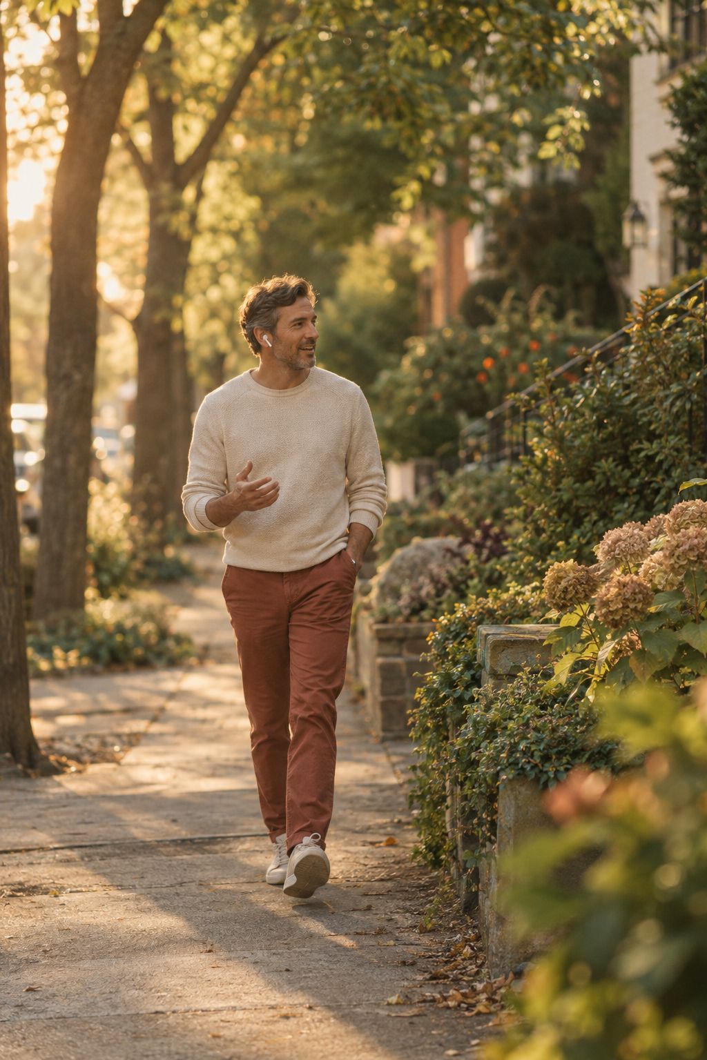 A man walking down a leafy street at golden hour wearing earbuds, mid conversation.